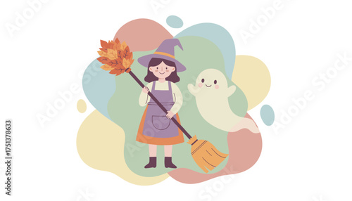 Cute witch and friendly ghost with autumn broom celebrate happy Halloween