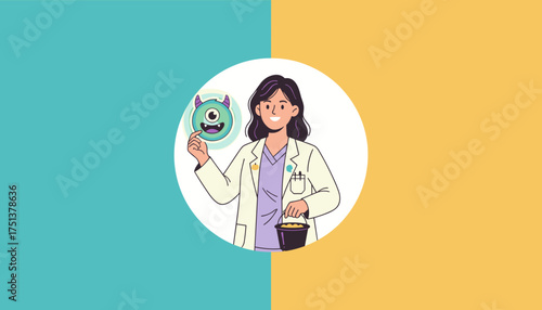 Smiling female scientist holding a friendly monster character and a Halloween candy bucket