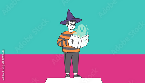 Young person in witch hat reads a book mystical ghost and tech symbols emerge Halloween concept