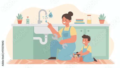 Mother and son repair kitchen sink learning DIY skills and water conservation together
