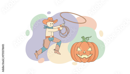 Smiling cowboy lassoing a spooky Halloween jackolantern Fun holiday cartoon
