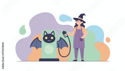 Friendly witch fuels up a batthemed gas pump blending spooky fun with daily service