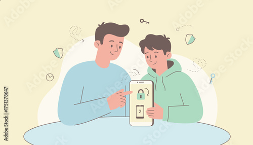 Two men secure their digital life on a smartphone highlighting online safety and privacy