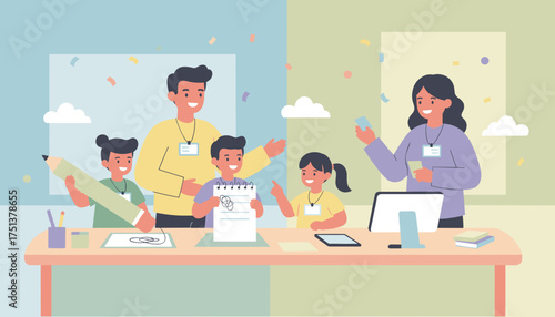 Happy children learn and create with mentors in a cheerful educational workshop environment