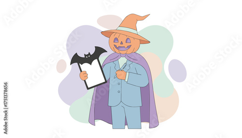 Halloween pumpkin character in suit and cape with clipboard and pen for seasonal business tasks