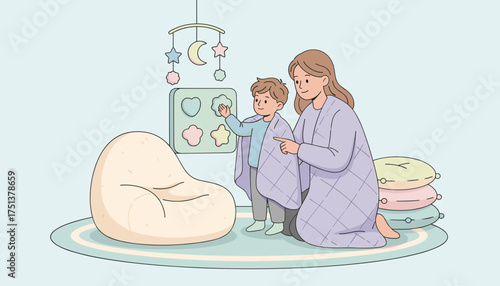 Mother and child bonding while playing with shapes in a cozy room symbolizing family care and learning