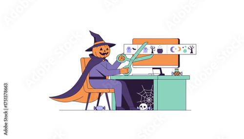 Pumpkin head witch cuts digital Halloween decorations on a computer screen Creative design for holidays