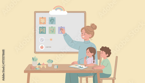 Caring teacher and happy children learning in a vibrant early childhood education setting