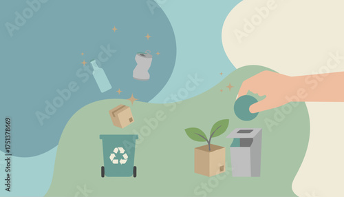 Ecofriendly illustration hand recycles waste into bins for a greener sustainable future
