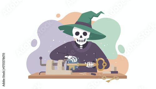 Skeleton witch crafting a golden key at a workbench symbolizing mystery solutions and discovery