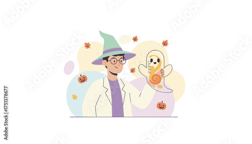 Man in wizard hat holding curious ghost embracing autumn and Halloween discoveries