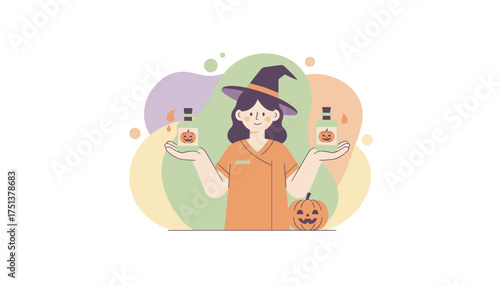 Smiling witch character holding pumpkin potions celebrating Halloween with festive spirit