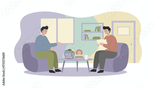 Men discussing personal issues Friendship counseling or emotional support at home
