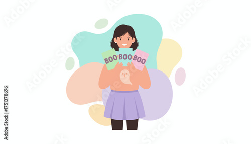 Happy girl holds BOO signs showcasing playful Halloween spirit and festive autumn mood