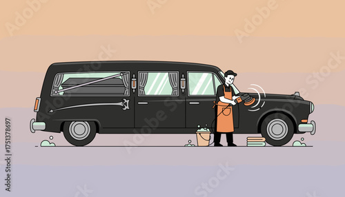 A cheerful undertaker polishes a classic black hearse symbolizing service and dignity