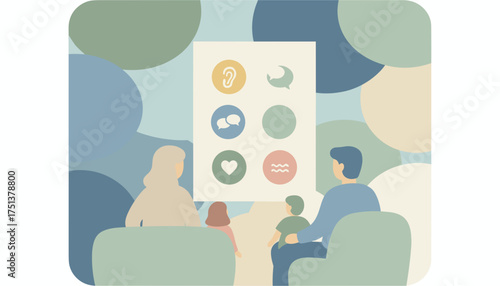 Family watching screen with communication and wellbeing icons Digital interaction connection