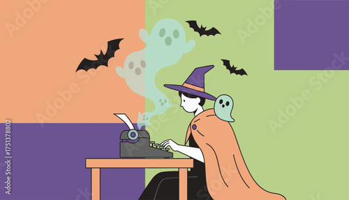 Halloween writer crafting spooky tales on a typewriter with ghosts and bats