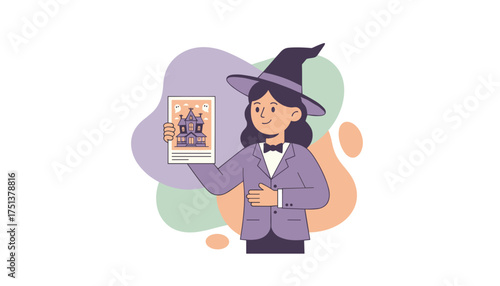 Smiling woman in witch hat holds a Halloween haunted house flyer Perfect for seasonal events  promotions