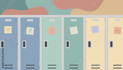 Colorful lockers with personal notes on friendship love growth and positivity School youth diversity