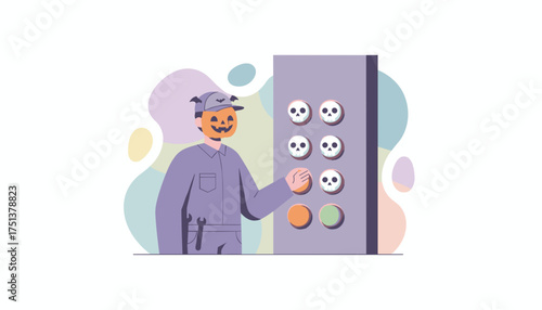 Person in pumpkin costume presses button on panel with skull icons a spooky Halloween choice