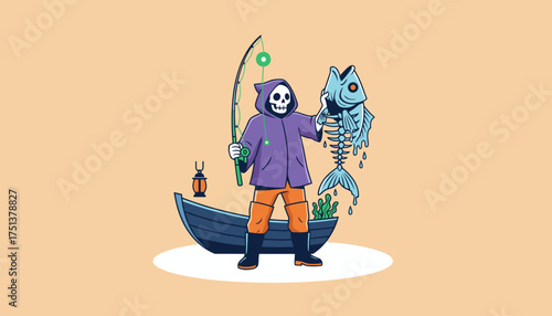 Skeleton fisherman with a fishing rod holds a fish skeleton Boat decay Halloween humor