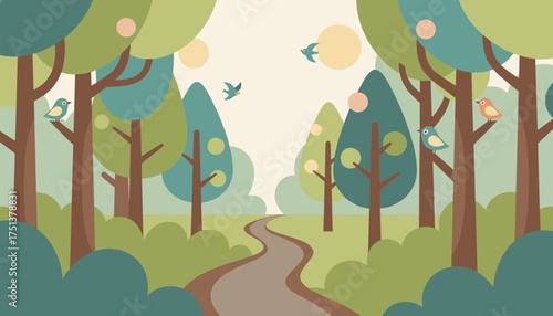 Flat design illustration of a peaceful park pathway with colorful trees and flying birds under a sunny sky