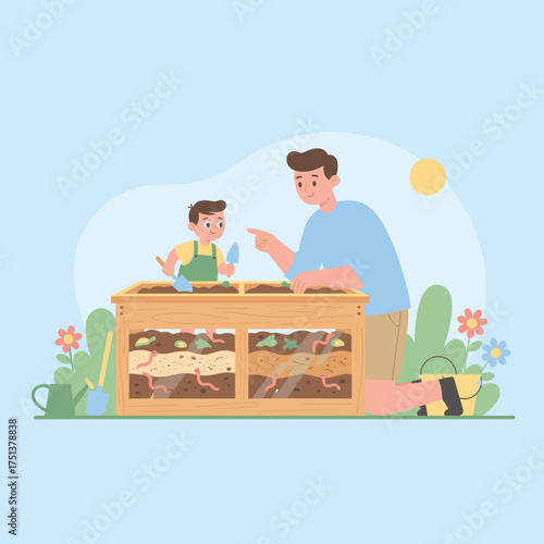 Father and son joyfully learn about composting and worms in a sunny garden