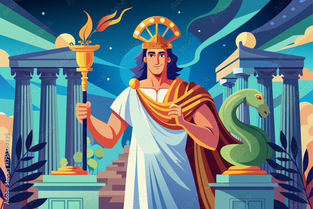 Obraz premium vector of An ancient Greek healer holding a scepter entwined with a snake in a classical setting conveys the wisdom and healing practices of antiquity.