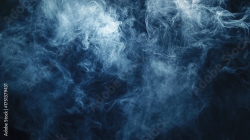 Abstract Blue Smoke Swirls Against Dark Background, Atmospheric Texture.