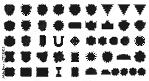 Big collection of blank black silhouette shapes for badges, shields, emblems, and labels. Vector design elements isolated on white