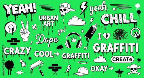 Monochrome urban graffiti doodle set with street art elements like skulls and spray cans, a youthful collection on a green background
