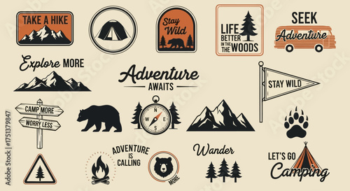 A graphic set of vintage inspired logos and emblems for camping, hiking, and wilderness exploration