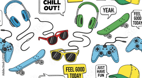 A vibrant illustration of youthful expression, featuring doodle-style skateboards, gamepads, and fun motivational phrases