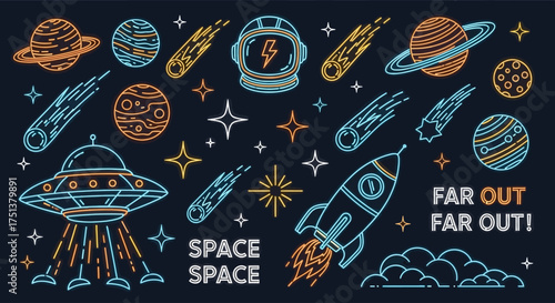 Far out space adventure illustration set with neon doodle icons of a rocket ship, UFO, planets, and astronaut helmet