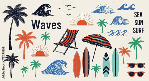 Vintage surfing and tropical beach icon set. A hand-drawn collection of summer vacation graphics with palm trees, waves, and sun symbols