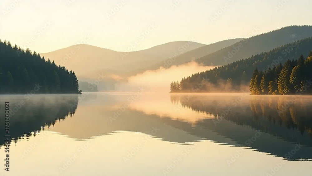 Fototapeta premium Serene lake reflecting mountains and trees at sunrise.