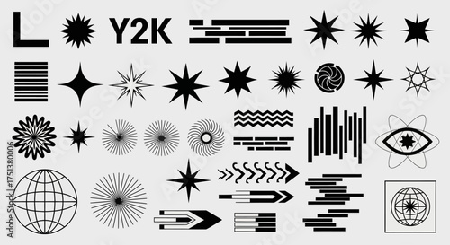 Collection of Y2K futuristic shapes and brutalist graphic design elements set. Abstract retro-futuristic icons