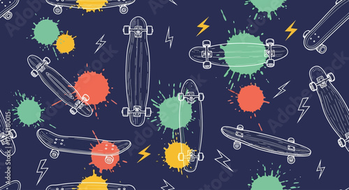 Energetic seamless pattern of hand-drawn skateboards with colorful paint splatters and lightning bolts. Youthful retro vector background