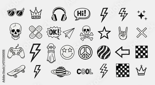 A set of hand-drawn doodle patch stickers inspired by the cool johny 98 era. Retro icons include skulls, lightning bolts, and skateboards