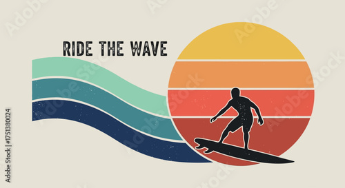 Retro graphic design of a surfer silhouette against a striped sunset. Vintage-style illustration celebrating the summer beach lifestyle and wave riding