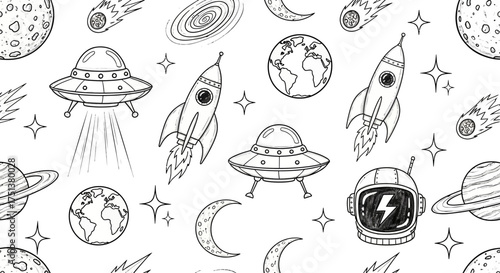 Hand-drawn seamless pattern of space elements like rockets, UFOs, and planets. Black and white doodle sketch illustration. johny (102)