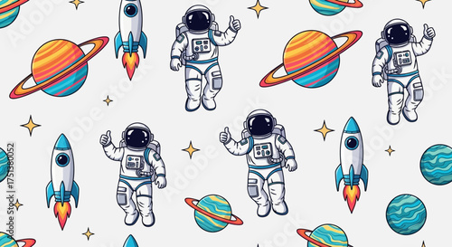 A playful and seamless cosmic pattern featuring cartoon astronauts, rockets, and planets. An endless background illustration for children's fabric and wallpaper