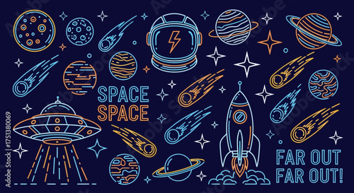 A vibrant collection of cosmic exploration graphic elements in a neon outline style. Vector set of space objects like planets and rockets for design