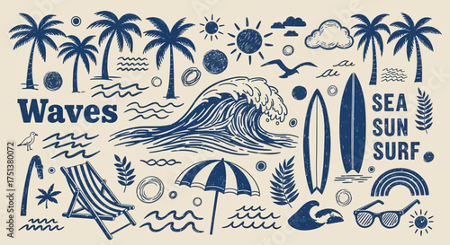 Vintage summer beach and surf doodle collection with hand-drawn ocean wave and tropical palm tree elements