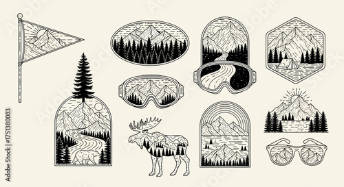 Set of monochrome mountain nature badges for adventure and travel. Vector illustration pack with moose, bear, and forest landscapes