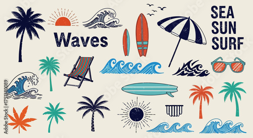 Vector set of hand-drawn surfing and summer vacation graphics with palm trees and ocean waves