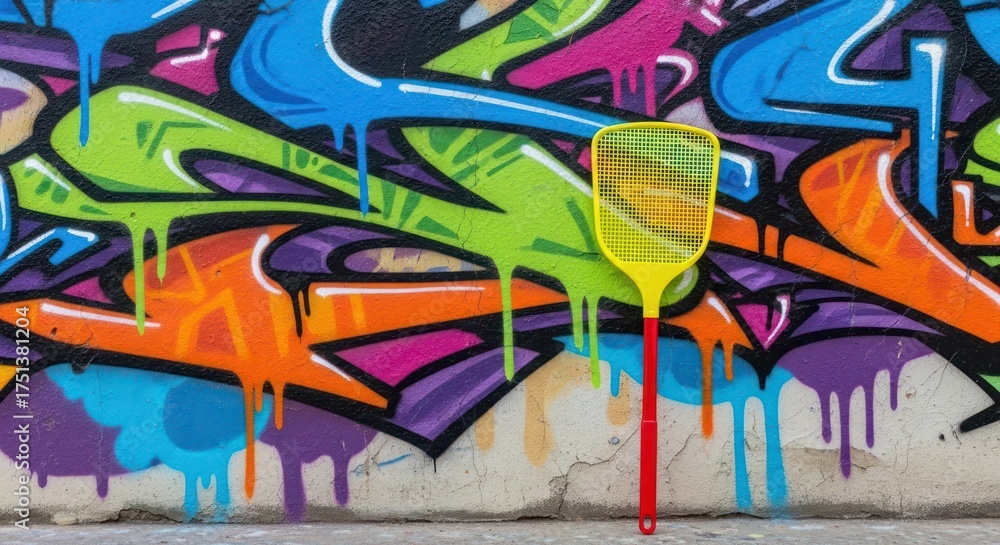 Fototapeta premium Unexpected juxtaposition: colorful graffiti wall art meets mundane insect control device