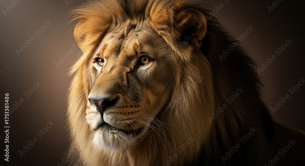 Naklejka premium Majestic feline portrait: Intense gaze of a lion with a lush mane in muted tones