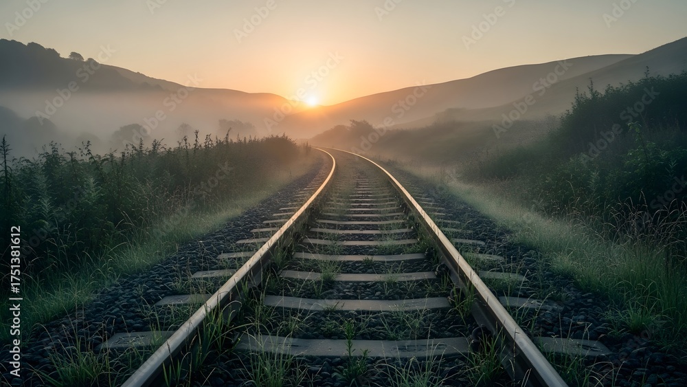 Fototapeta premium Railway Tracks Leading into a Misty Morning Sunrise Over Rolling Hills and Fields