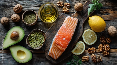 Healthy flat lay with salmon fillet, avocado, lemon, walnuts and olive oil on rustic wooden background, concept of mediterranean and keto diet